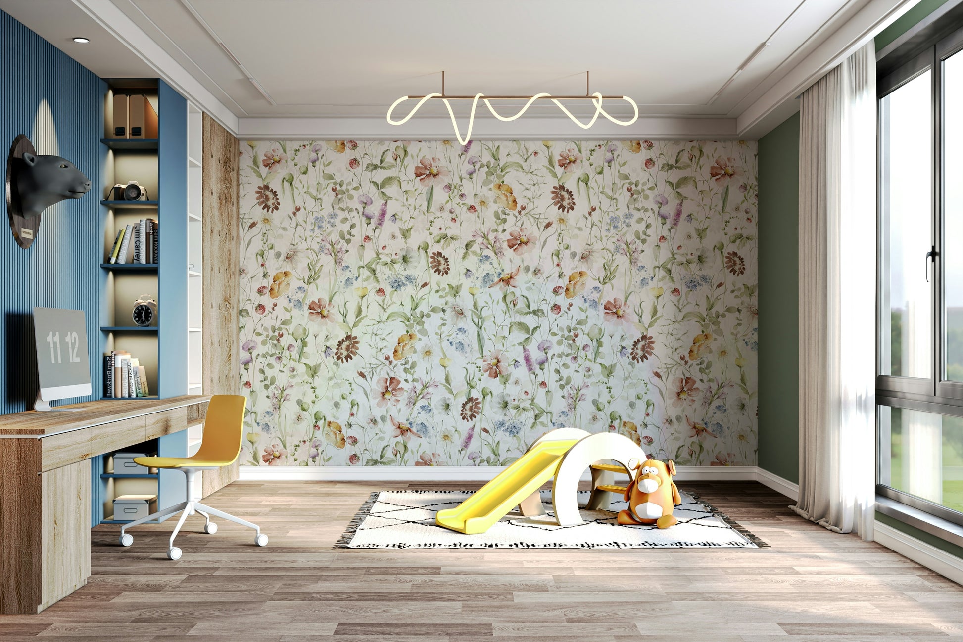 Wall mural with a watercolor wildflower meadow.

