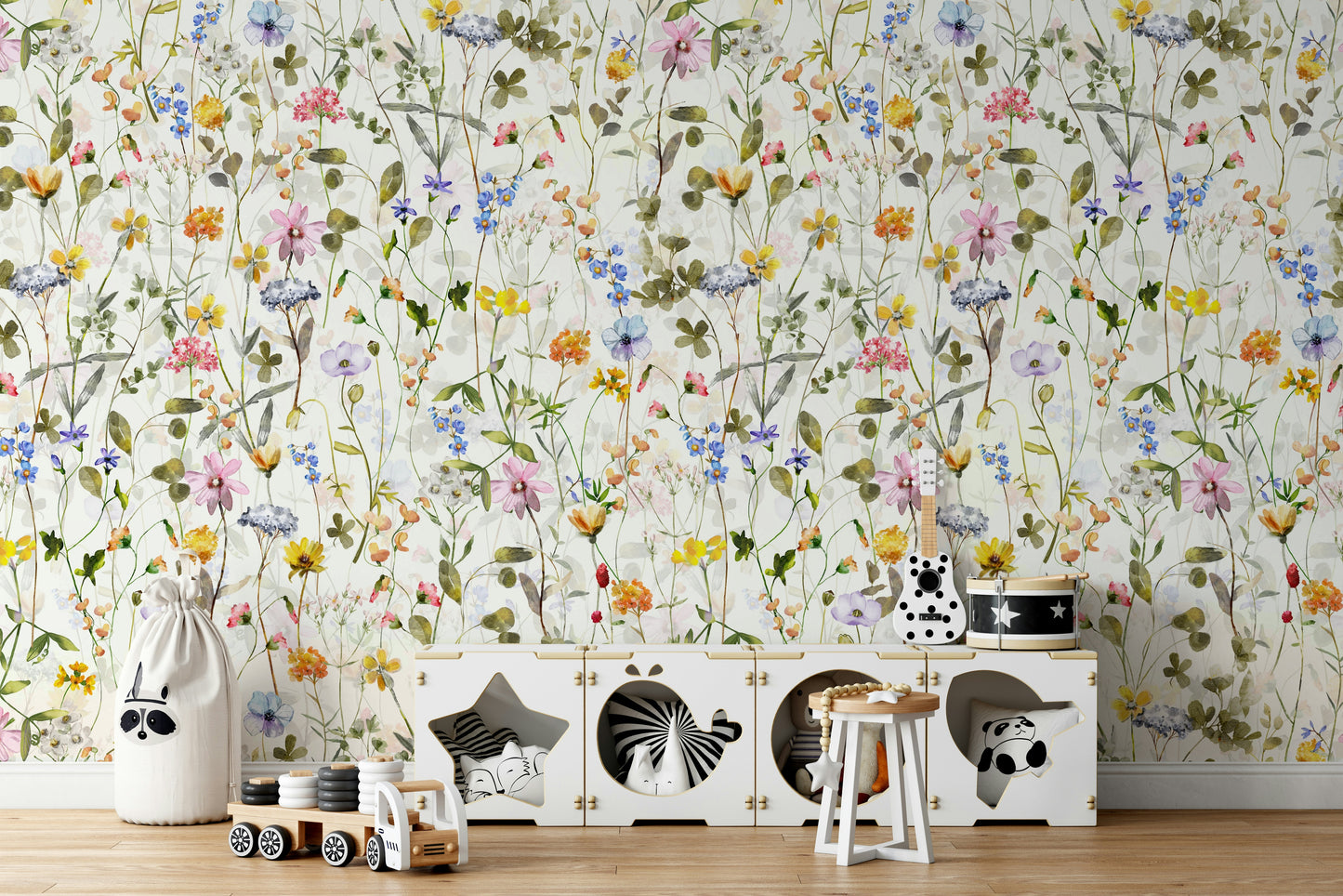 The scene includes colorful wildflowers and blooms.

