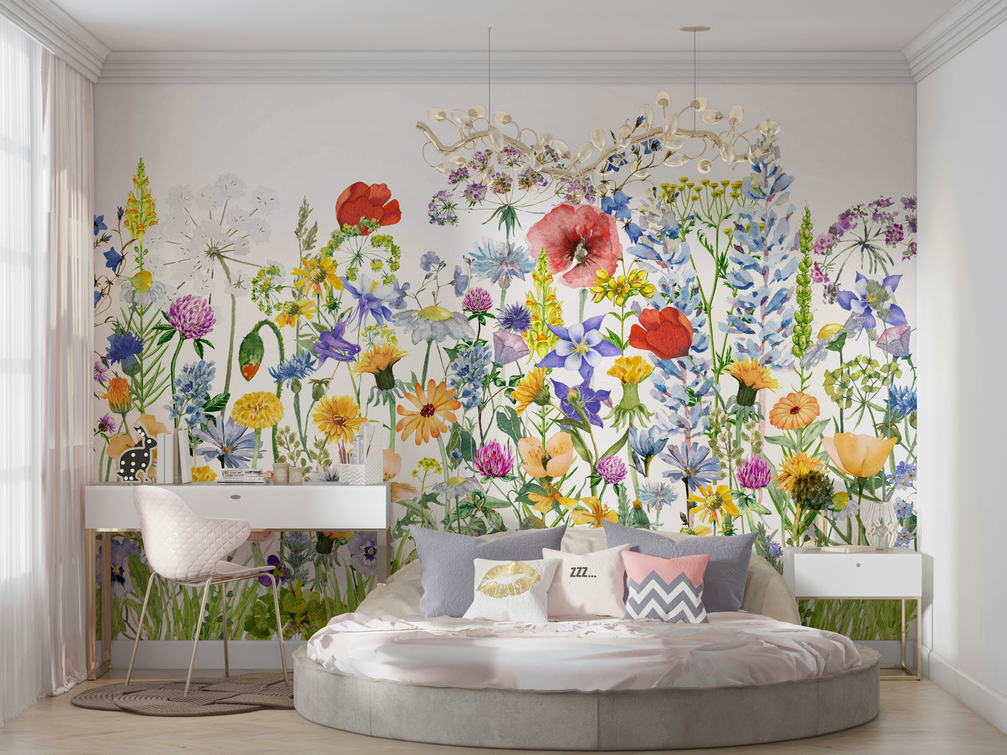 The scene includes colorful poppies and wildflowers.

