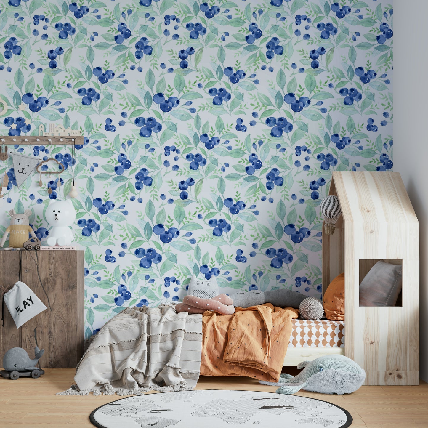 Wallpaper mural with Scandinavian watercolor blueberries.

