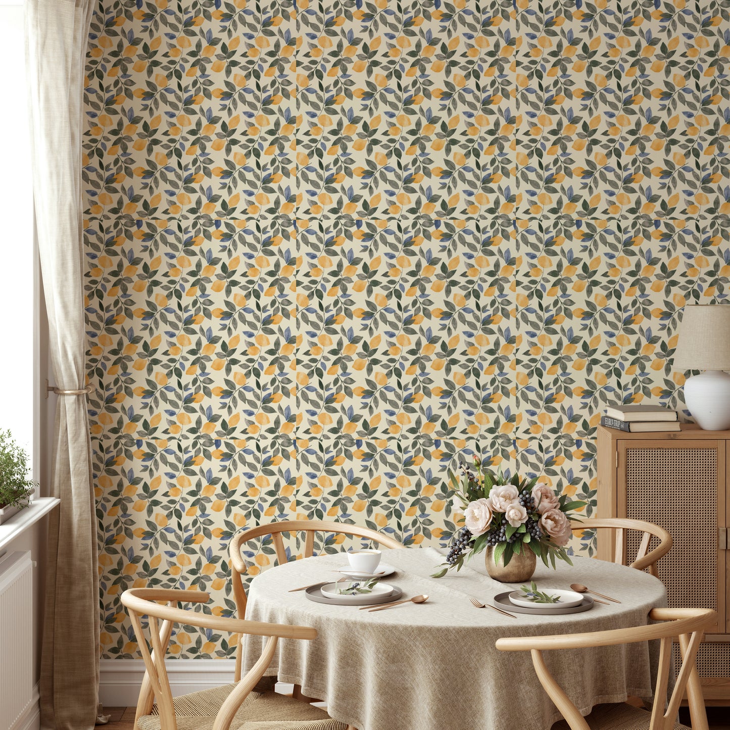 Wallpaper with a vintage lemon and leaf pattern.


