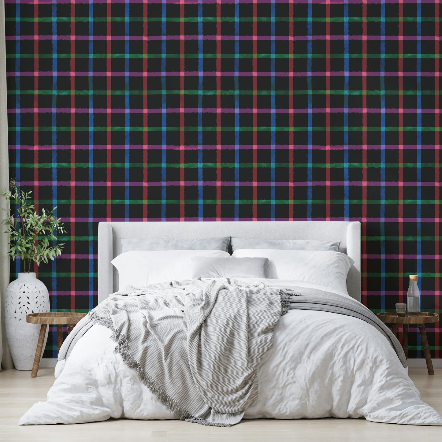 A decorative wall covering with a plaid theme.

