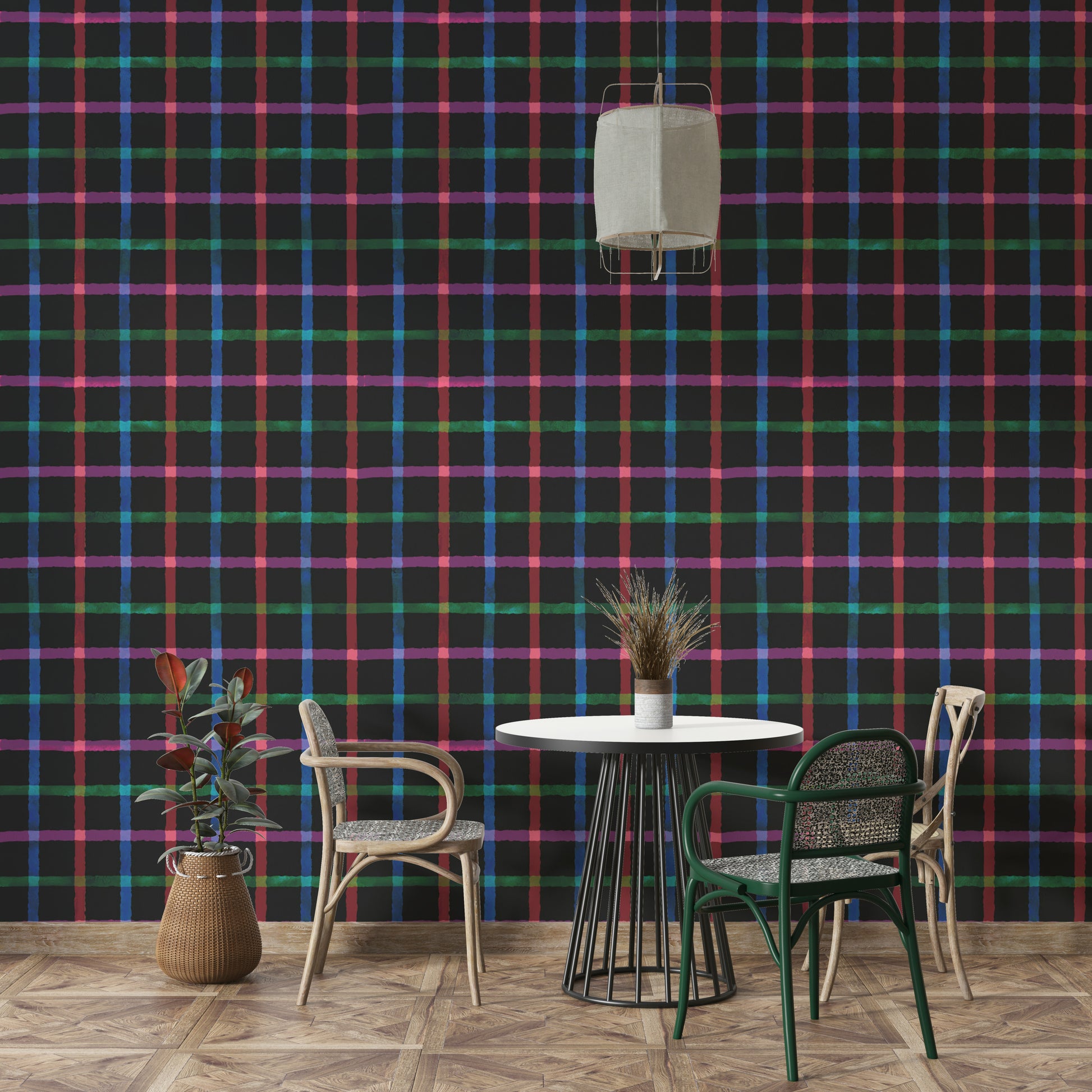 The wallpaper features a repeating plaid motif.

