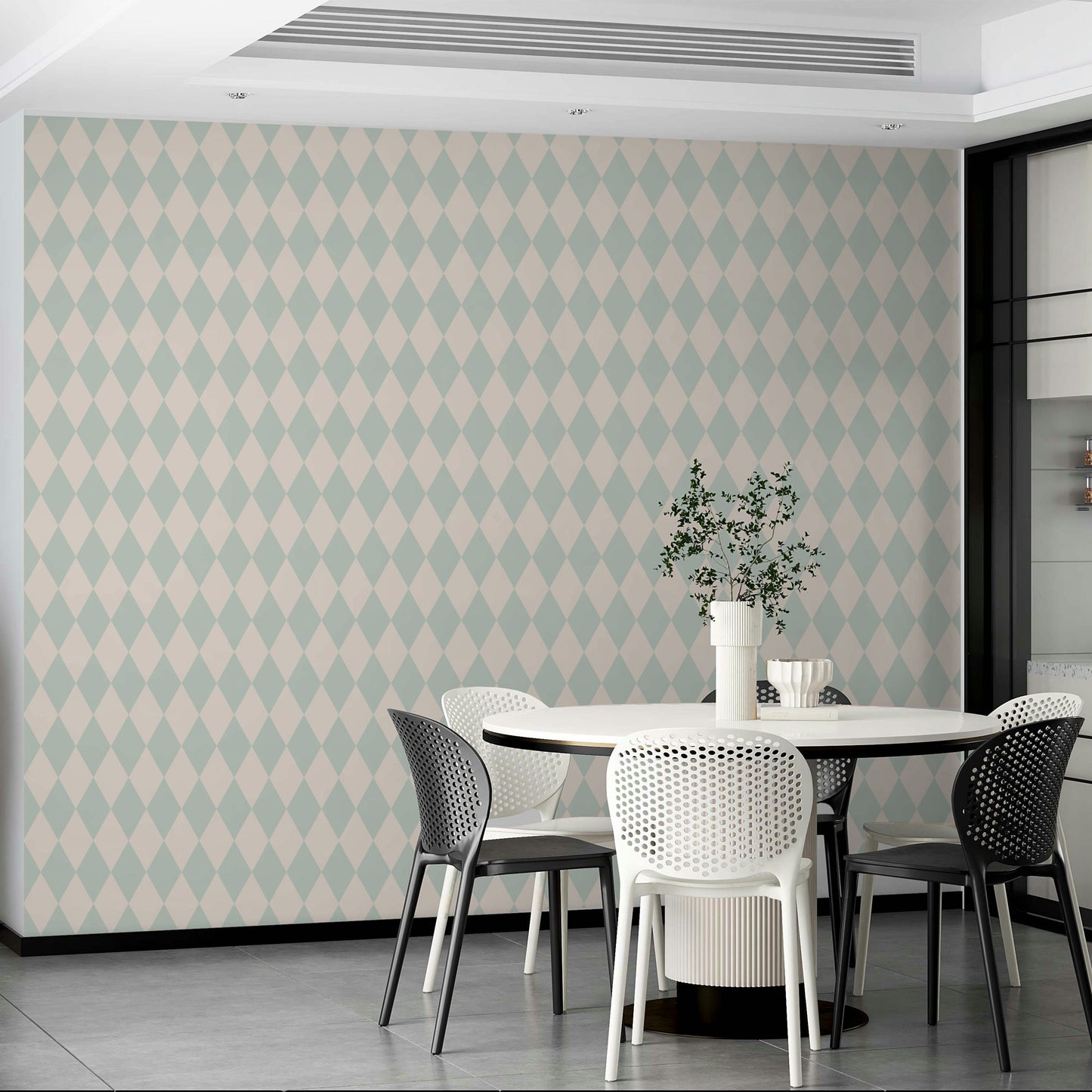 The wallpaper features a repeating diamond motif.


