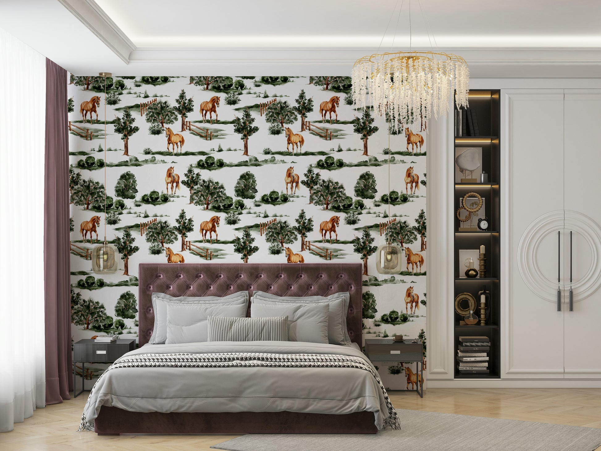 Horses grazing among trees and fences.

