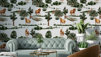 Wallpaper mural of horses in a field.

