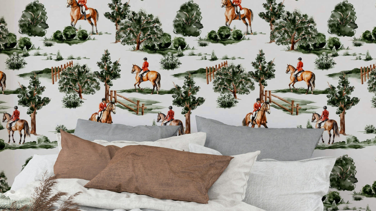 Wallpaper with a painting of British hunting riders.

