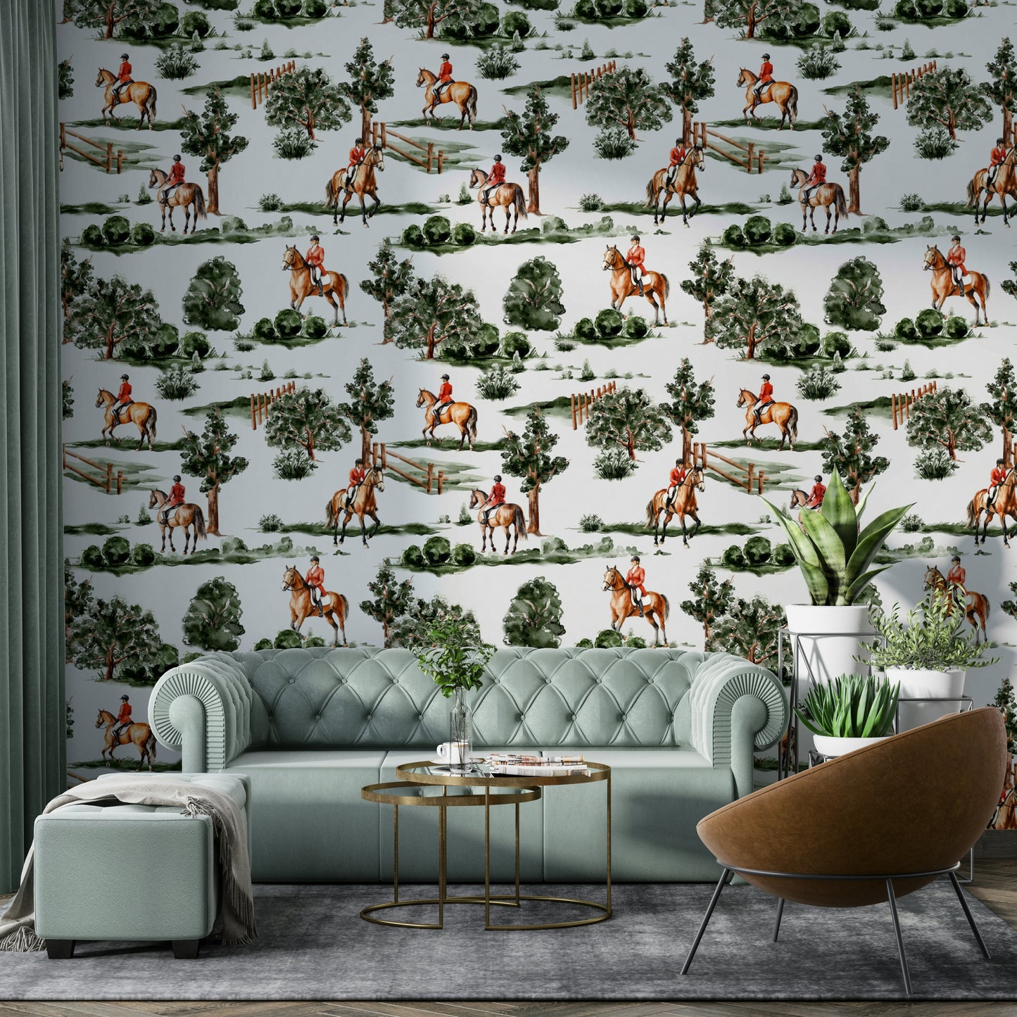 A seamless pattern of a countryside hunting scene.

