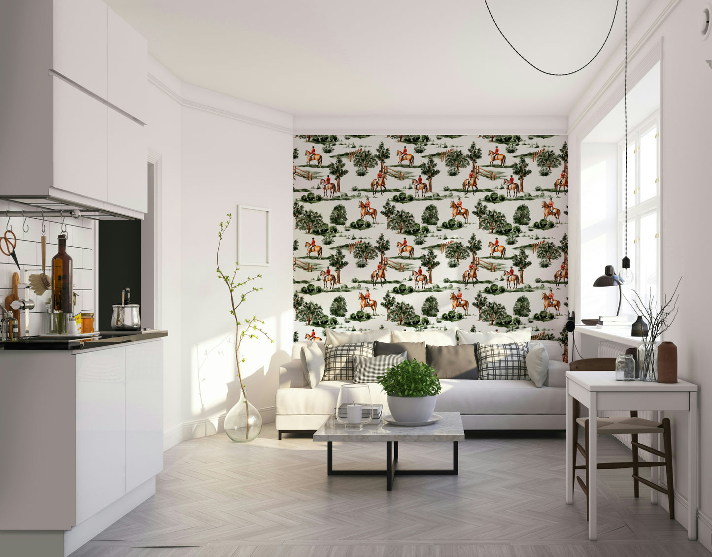 A wall covering with a scenic, pastoral landscape.

