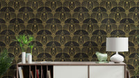 Wallpaper with a black and gold Art Deco fan pattern.

