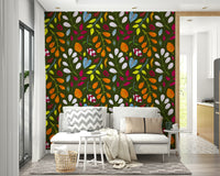 colorful stylized leaves on a green background

