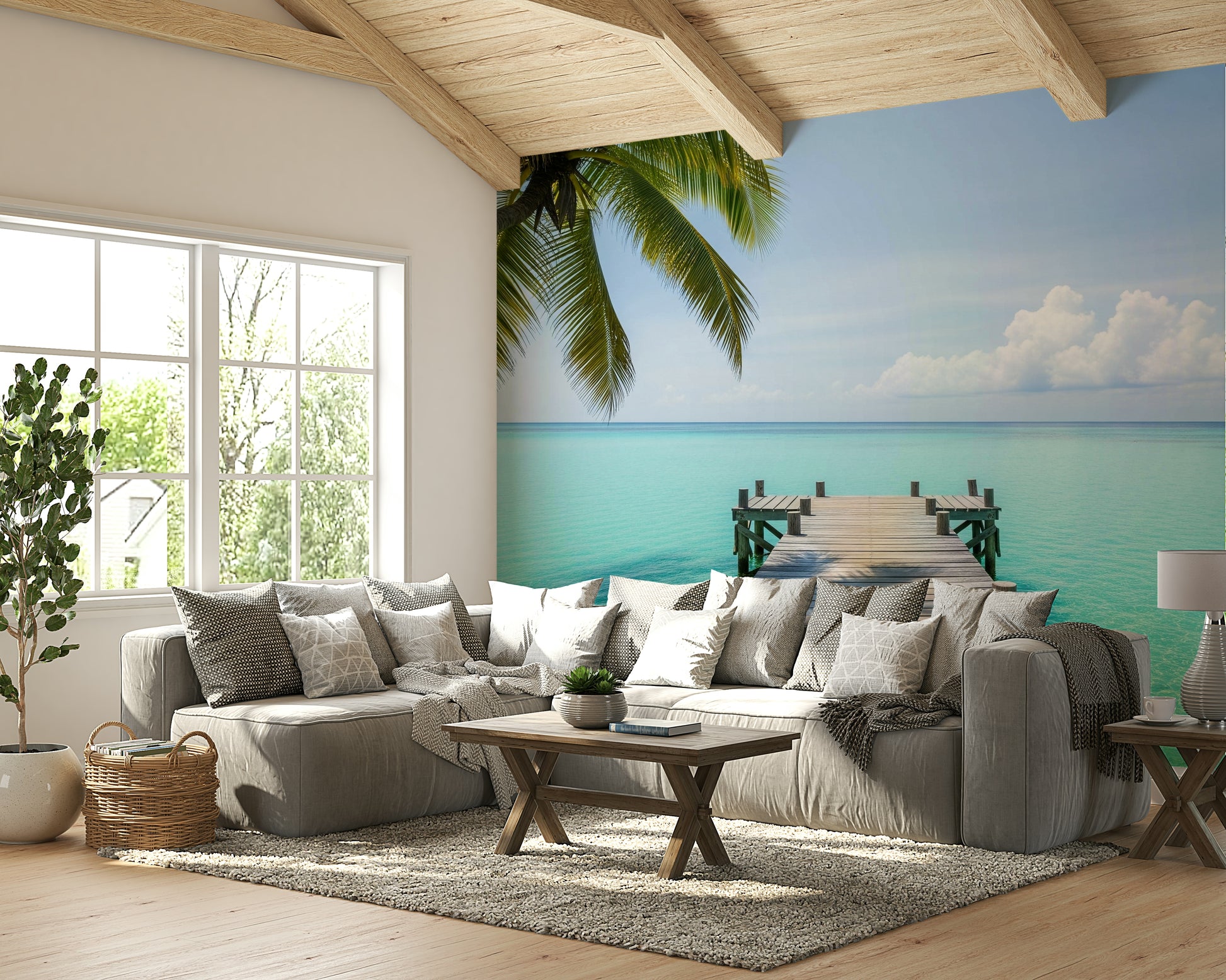 The mural gives the illusion of a window looking out onto a beautiful place.
