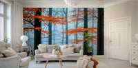 The mural gives the illusion of a window looking out onto a beautiful autumn scene.
