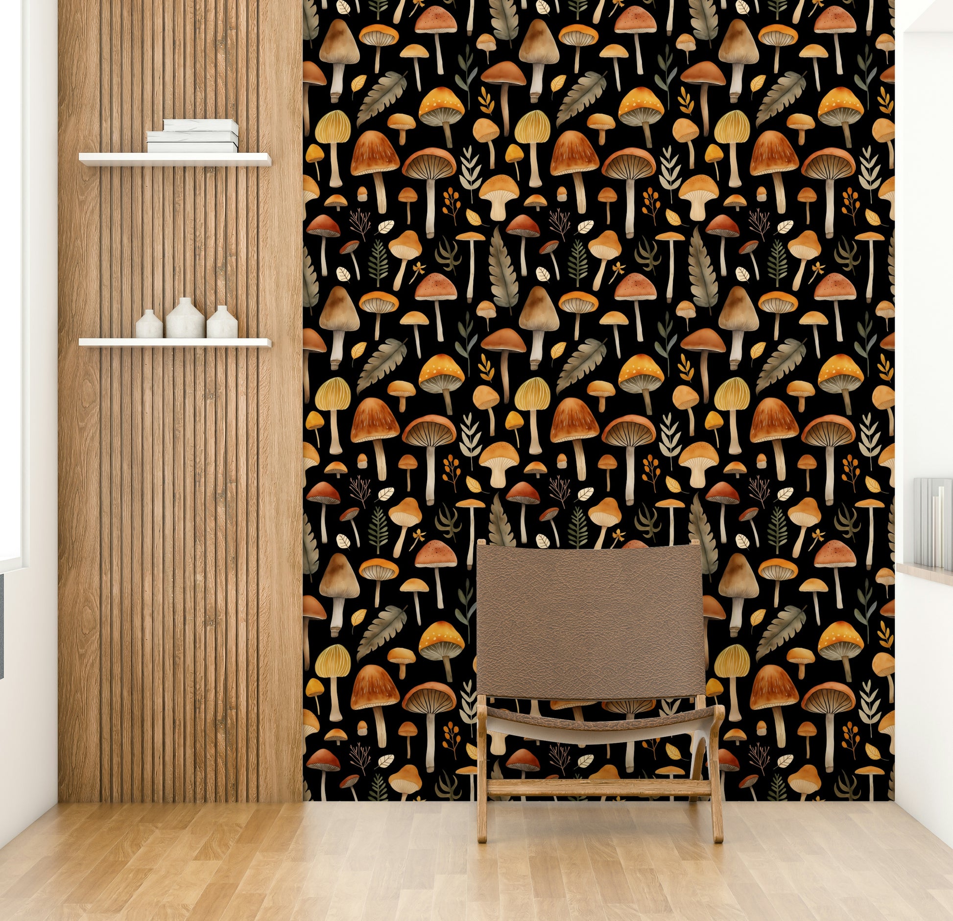 A wallpaper with a whimsical watercolor pattern of mushrooms and foliage.
