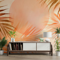 A wall mural depicting a serene tropical palm grove at sunrise.
