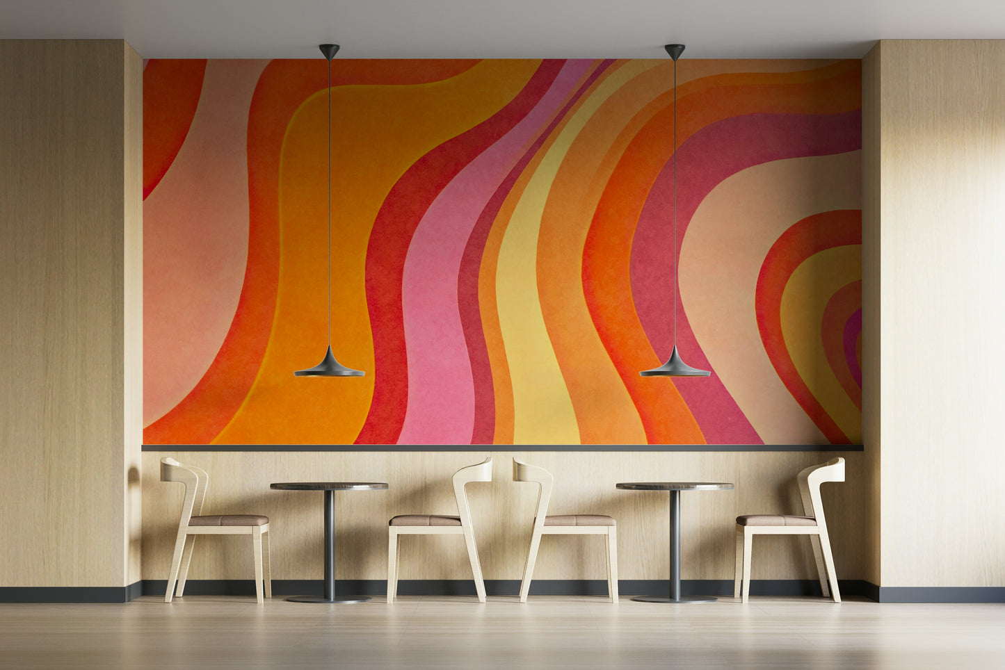 A wall mural with a pattern of wavy, flowing lines.
