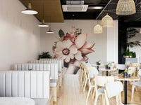 A close-up wall mural of a single or a few large flowers.
