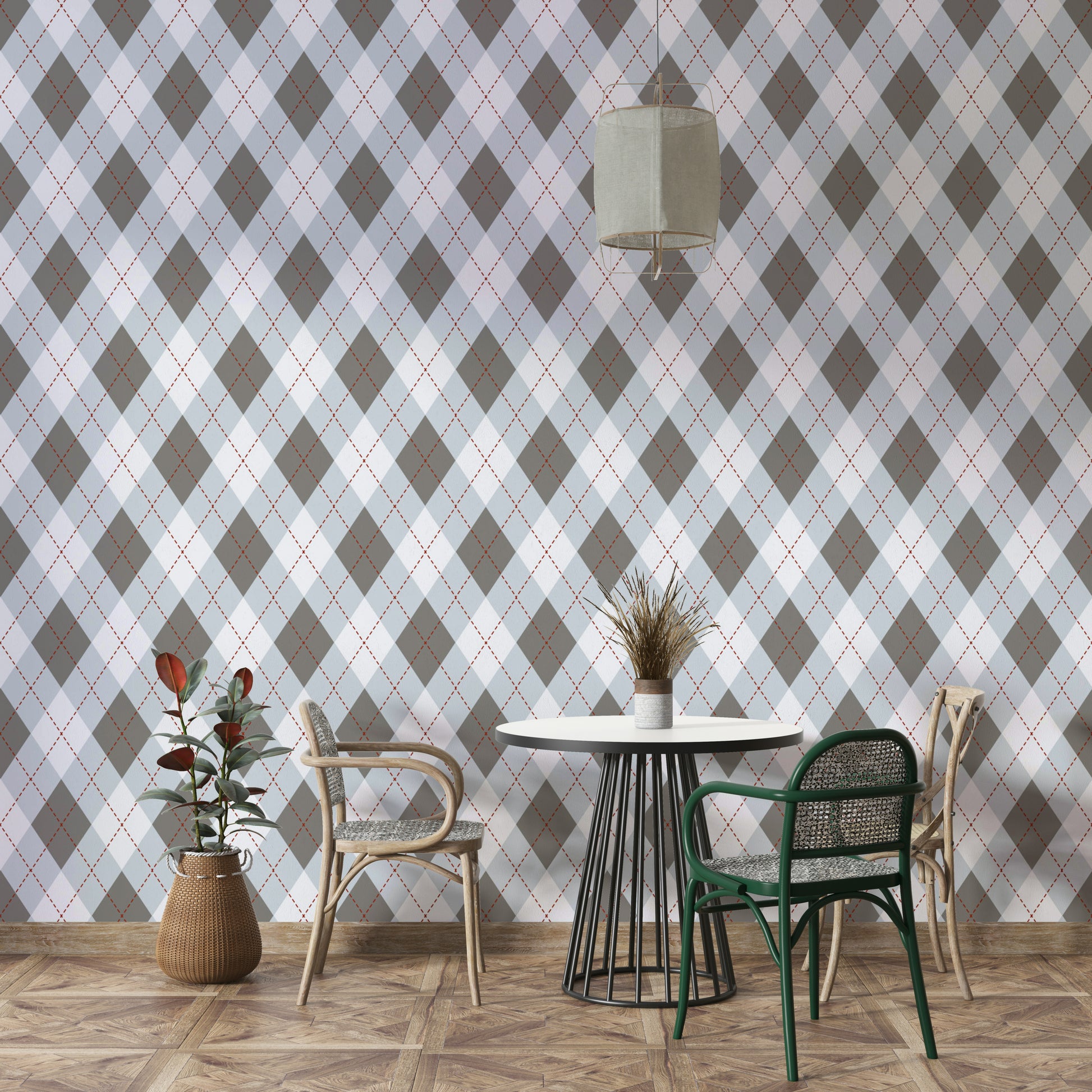A wallpaper with a classic argyle diamond pattern.
