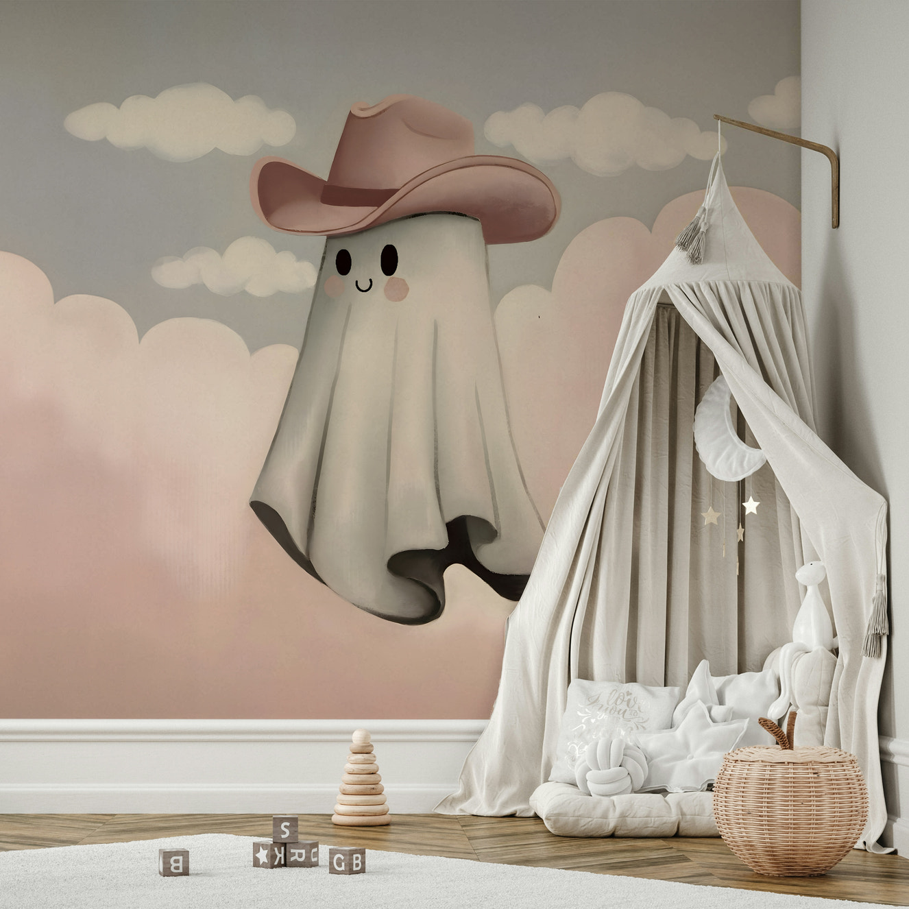 A peaceful wall mural with a whimsical ghost scene.

