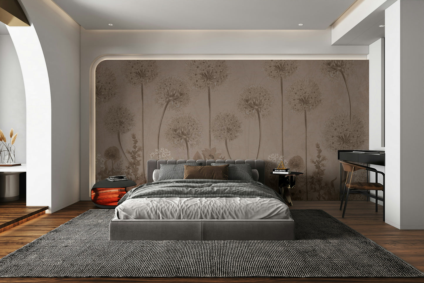 The design features delicate blooming flowers and slender leaves.

