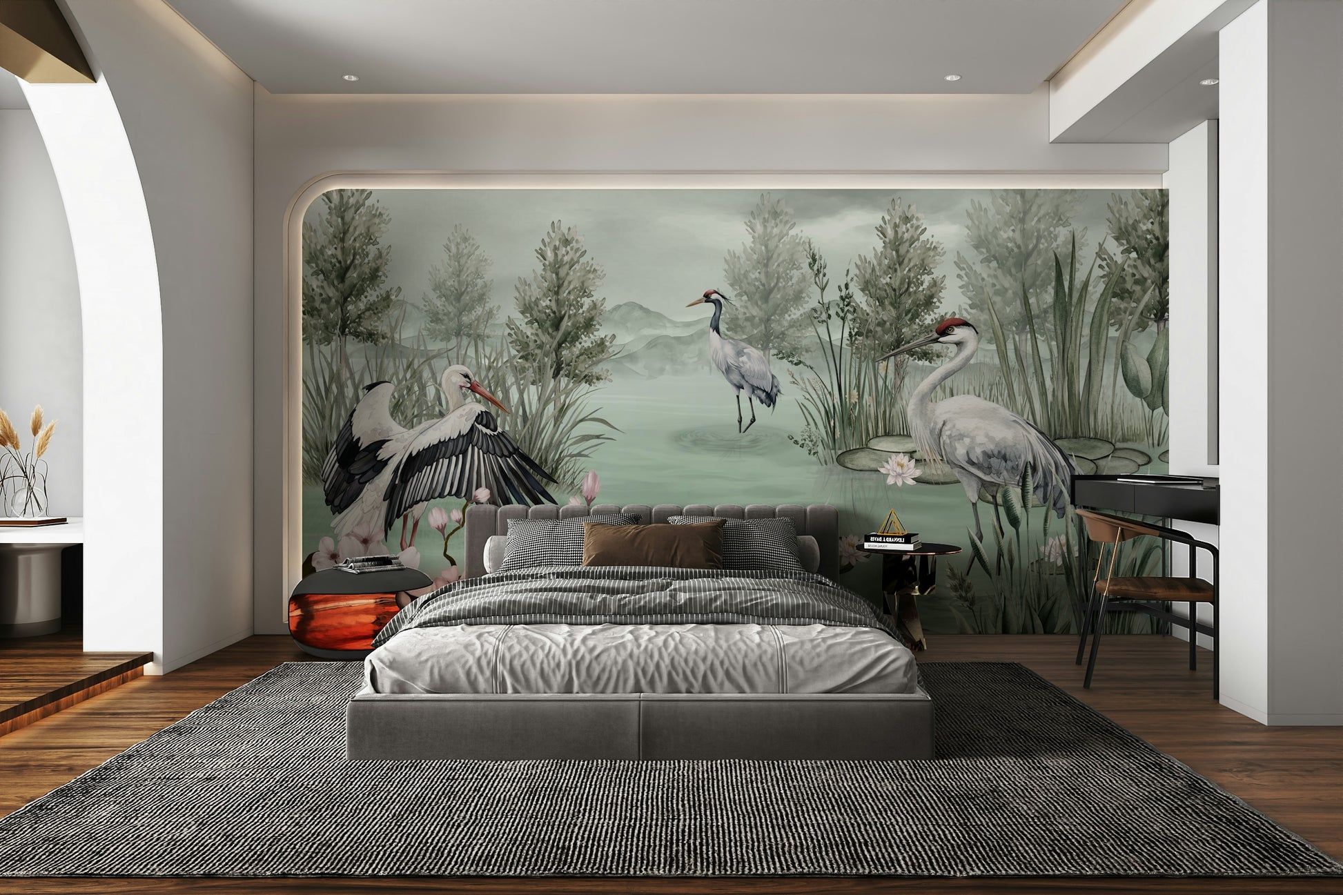 The design features graceful cranes near a calm body of water.

