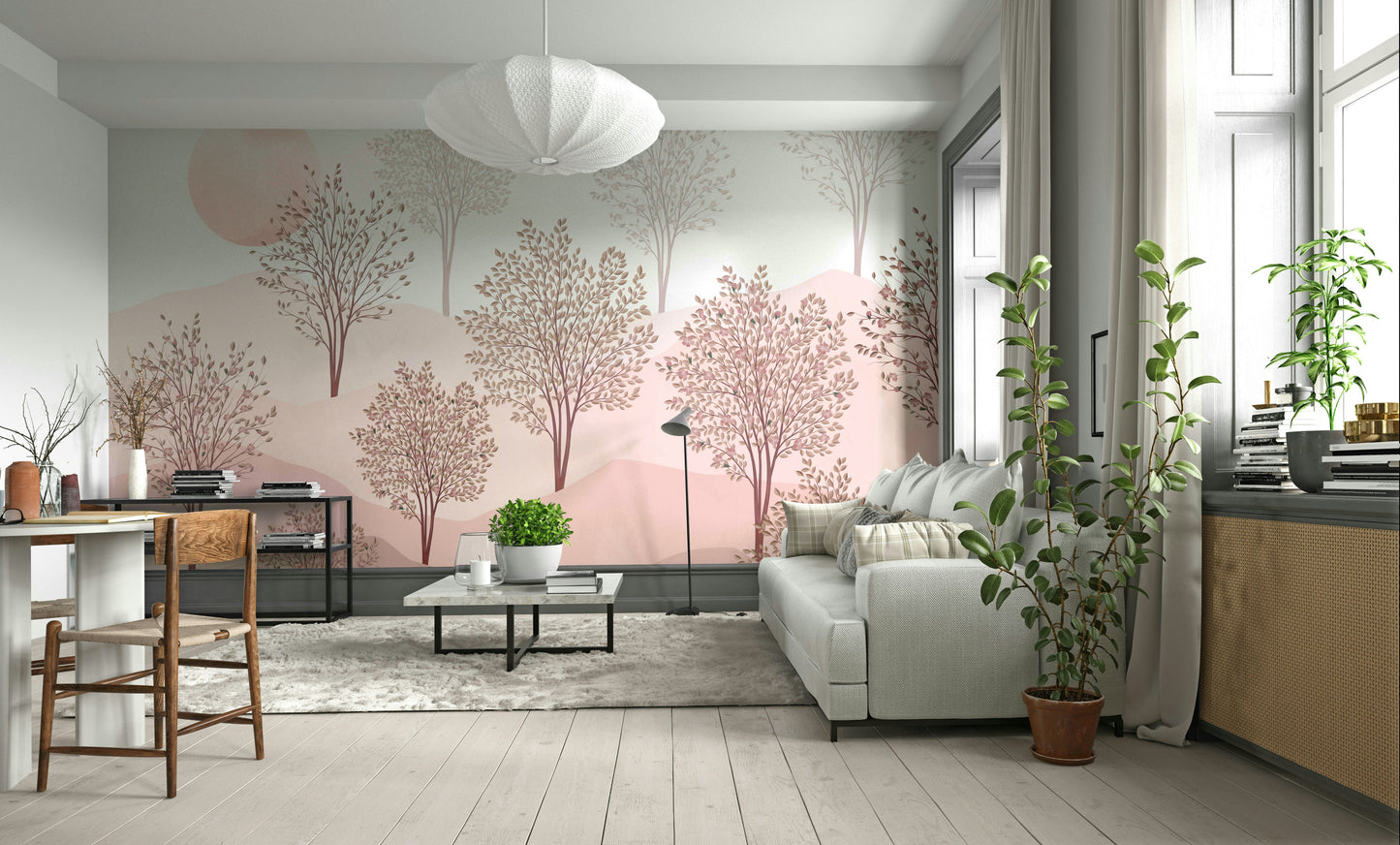 The design features trees with soft pink blossoms.


