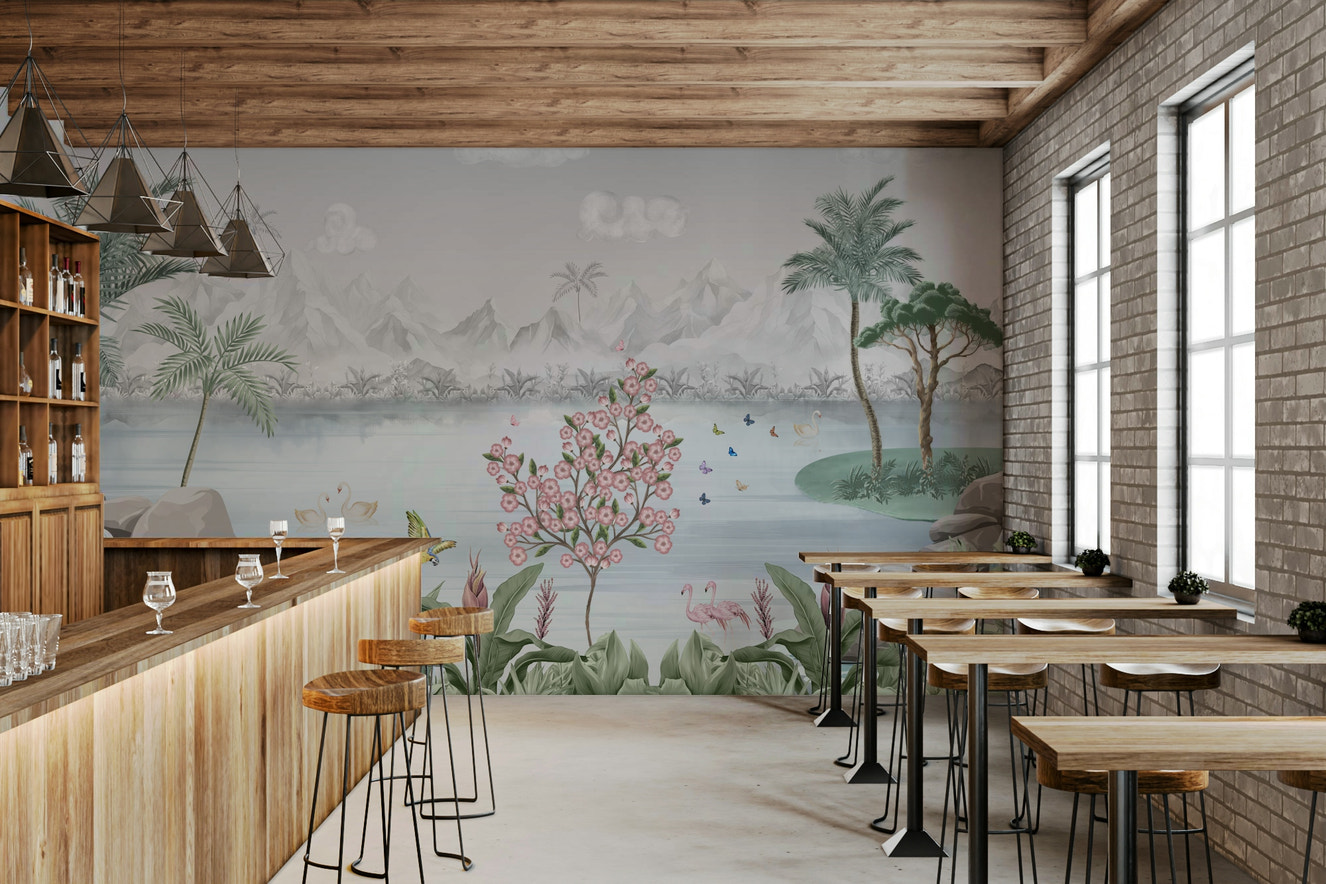 A peaceful wall mural with a tranquil water garden scene.


