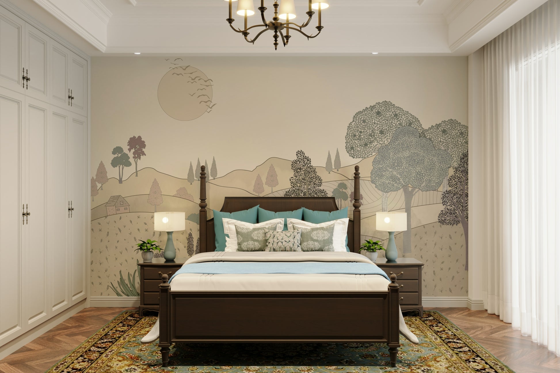 The style is painterly or has an antique feel.

