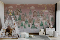 The design features houses made of gingerbread and candy.

