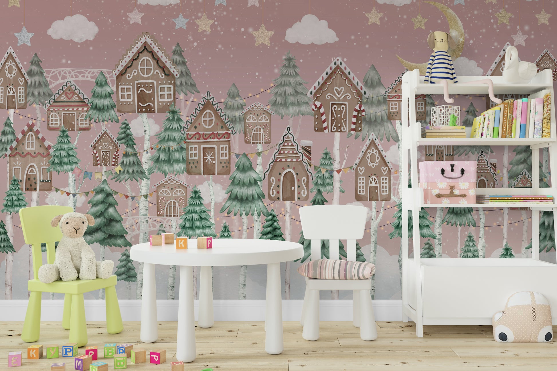 A peaceful wall mural with a whimsical gingerbread village scene.

