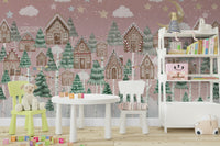 A peaceful wall mural with a whimsical gingerbread village scene.

