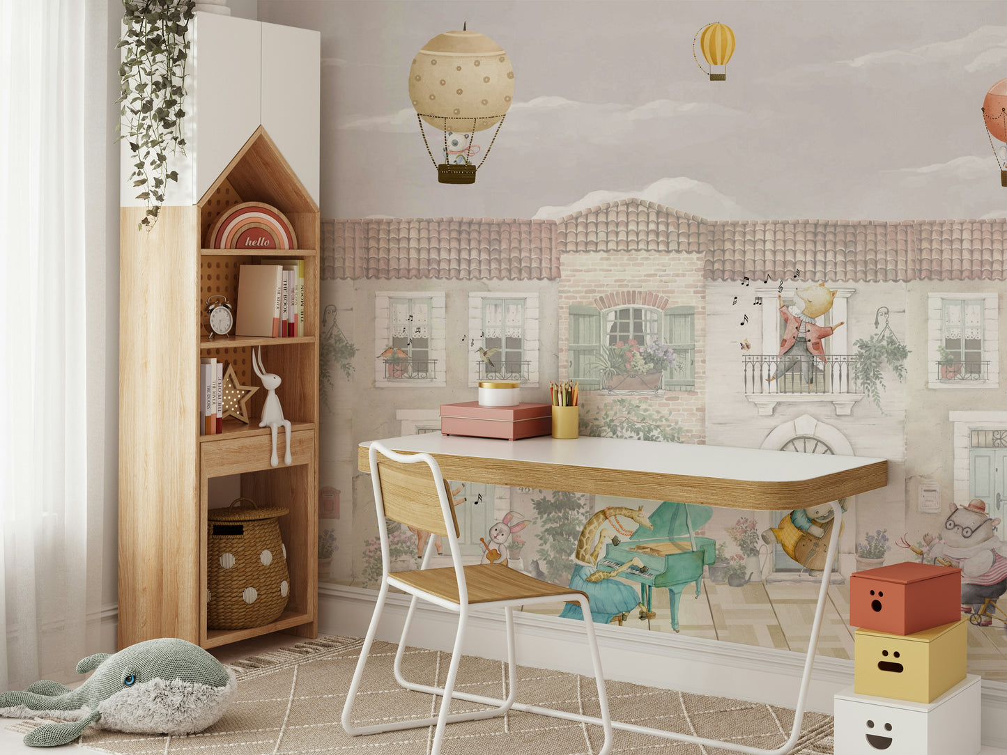 A peaceful wall mural with a whimsical scene of animals in a town.

