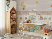 A peaceful wall mural with a whimsical scene of animals in a town.

