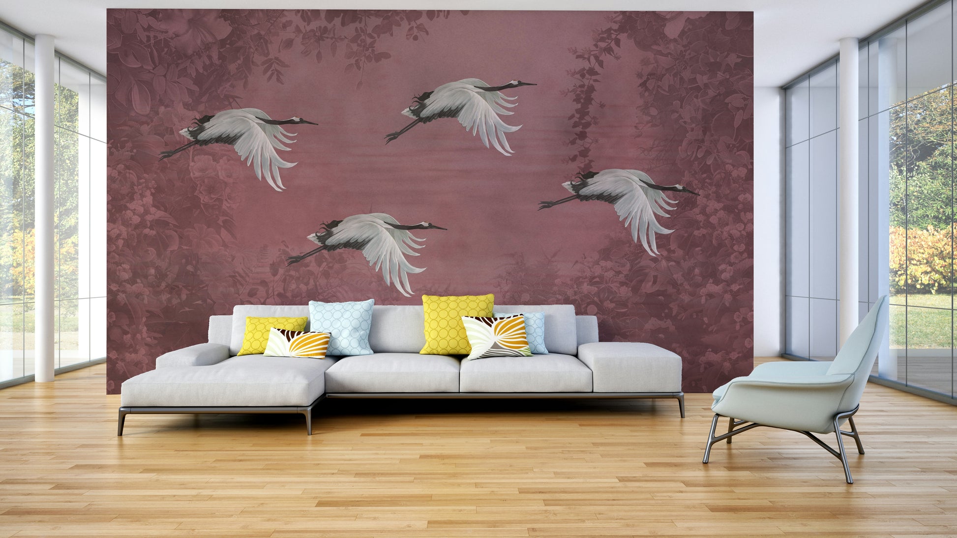 The main color of the cranes is crimson or a deep red.

