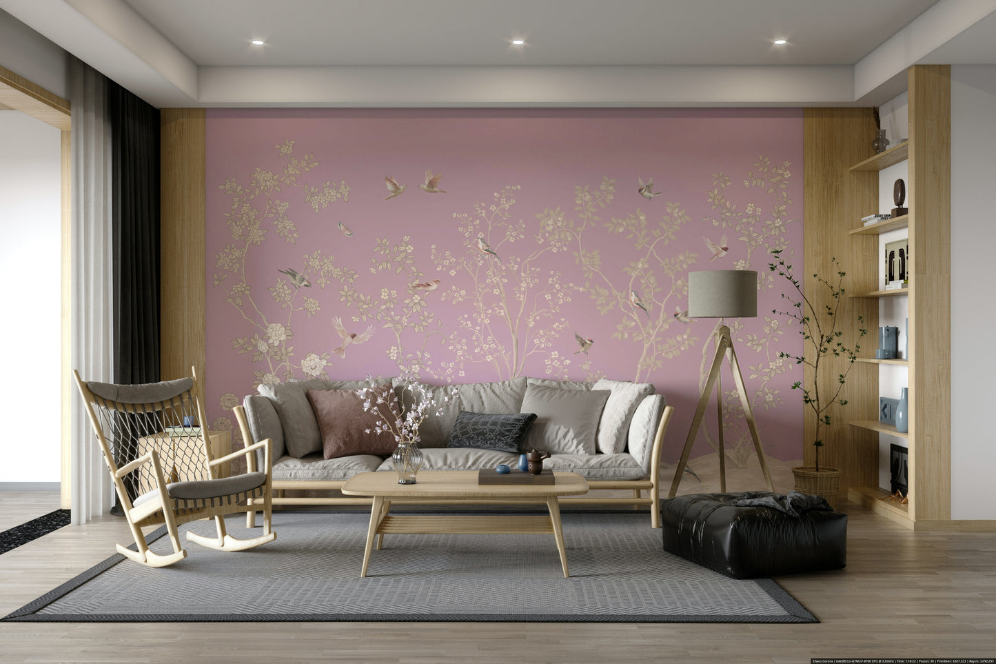 The design features graceful birds among blooming flowers and branches.

