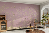 A peaceful wall mural with a design of birds and flowers.

