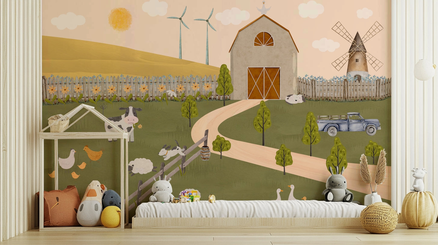 A peaceful wall mural with a whimsical farm scene.

