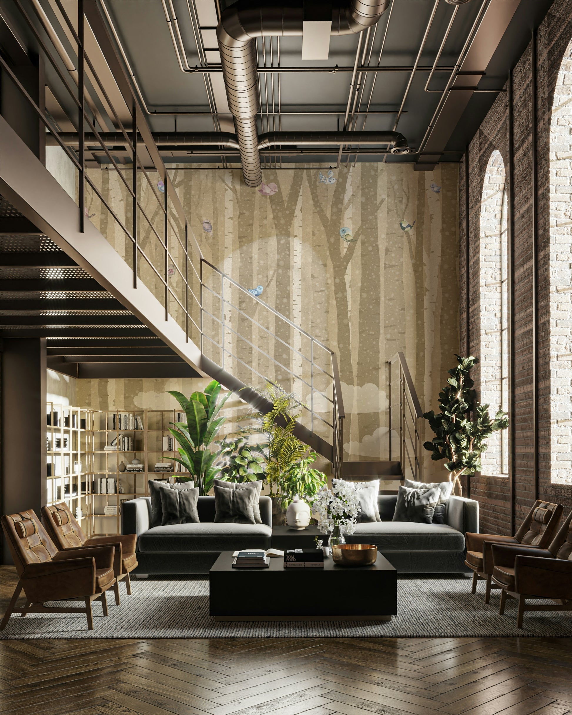 The design features graceful birds in a birch grove.

