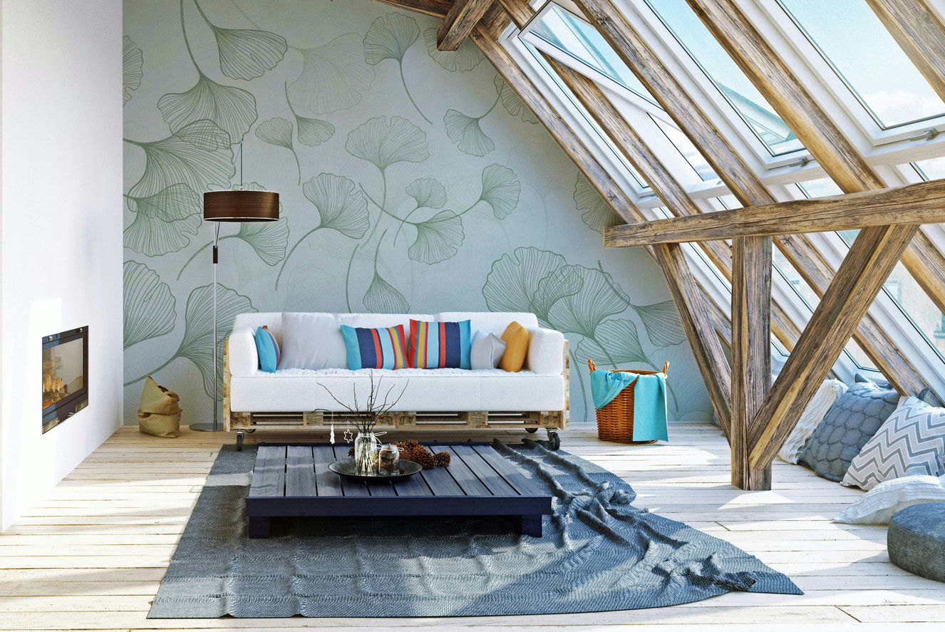 A peaceful wall mural with an elegant botanical pattern.

