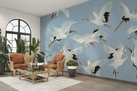 A peaceful wall mural with a serene nature scene.

