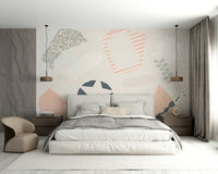 A peaceful wall mural with a charming scrapbook-style pattern.

