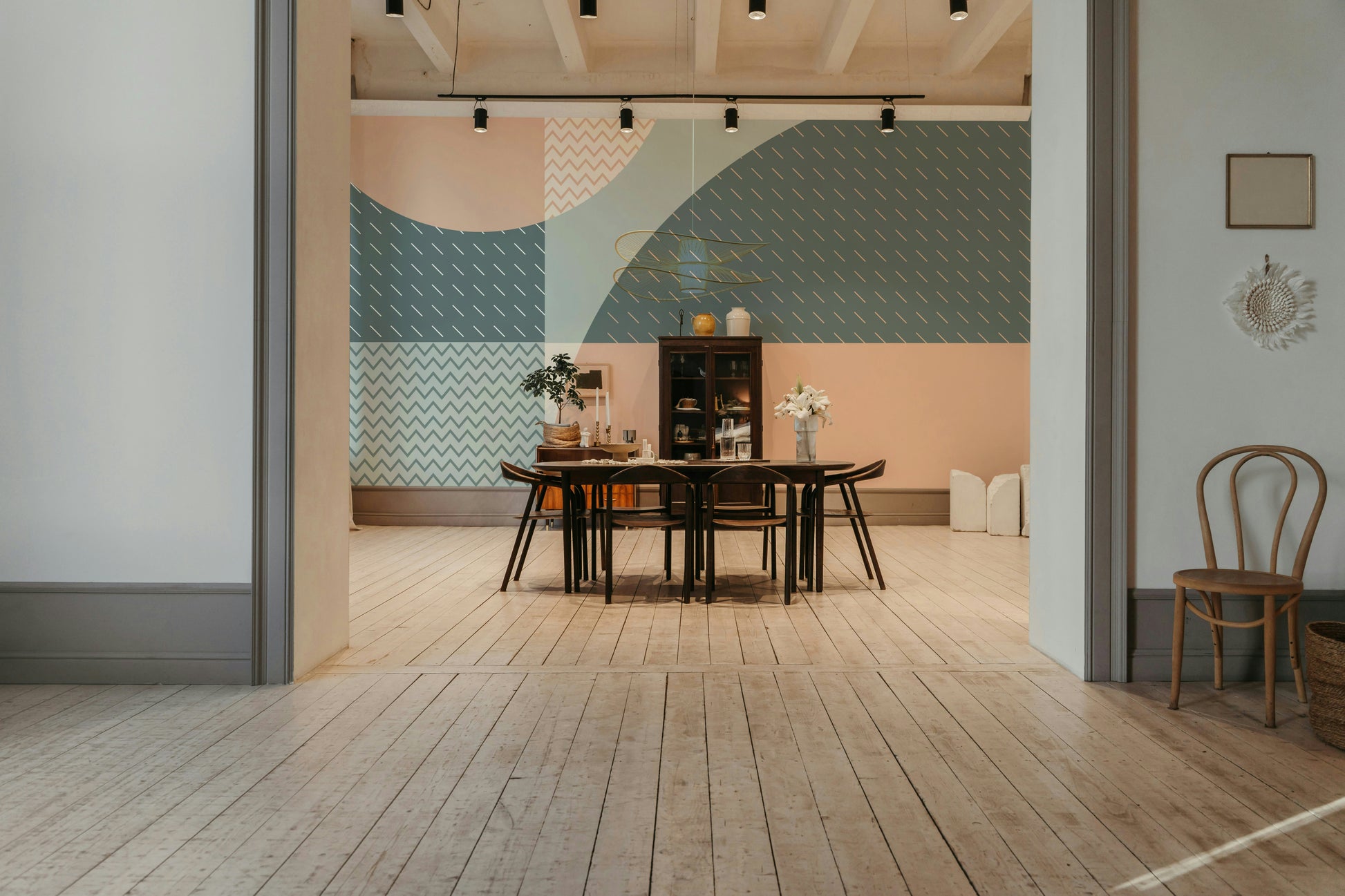 A peaceful wall mural with a geometric pattern.

