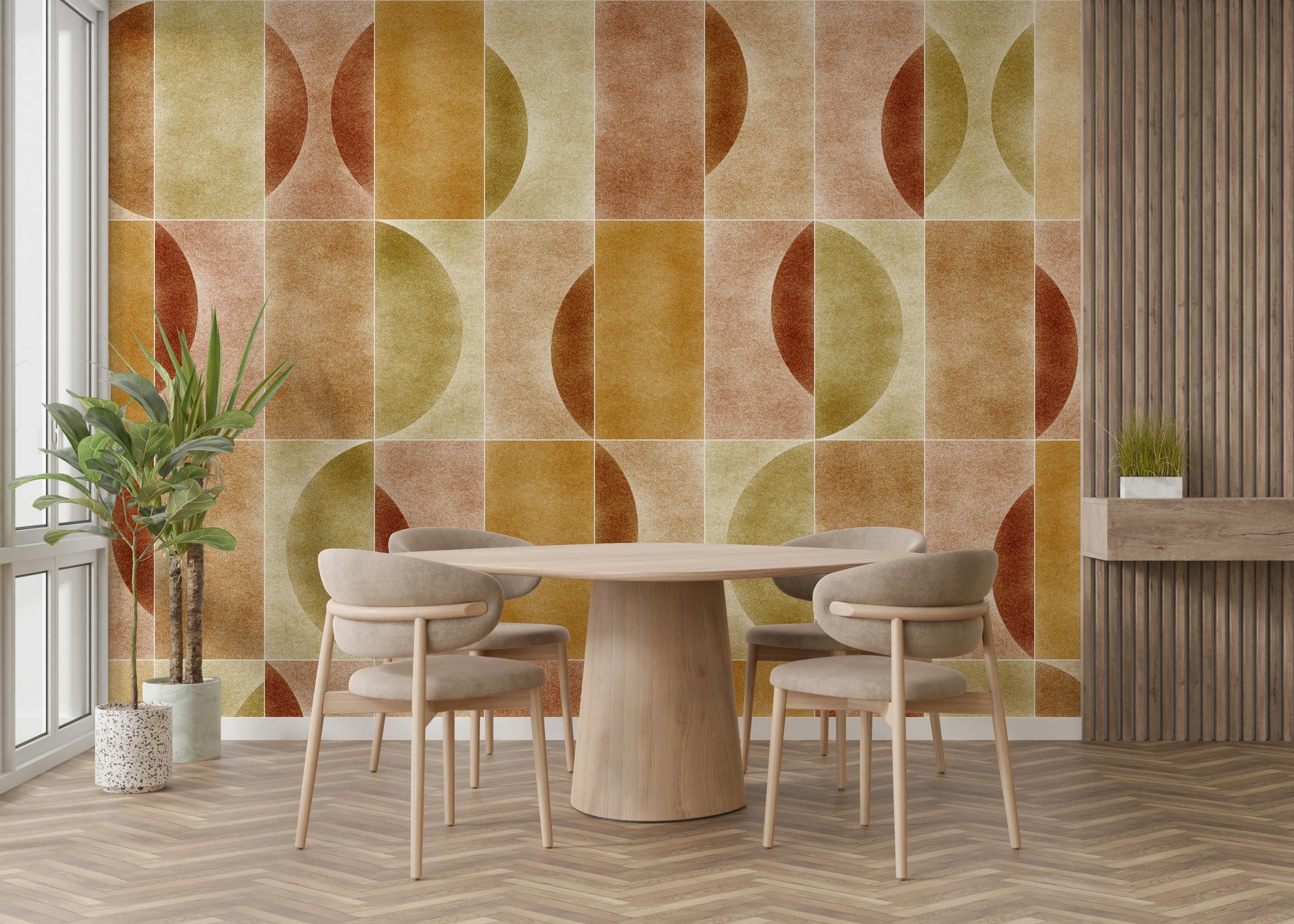 The colors are warm and natural, with earthy browns, greens, and beiges.

