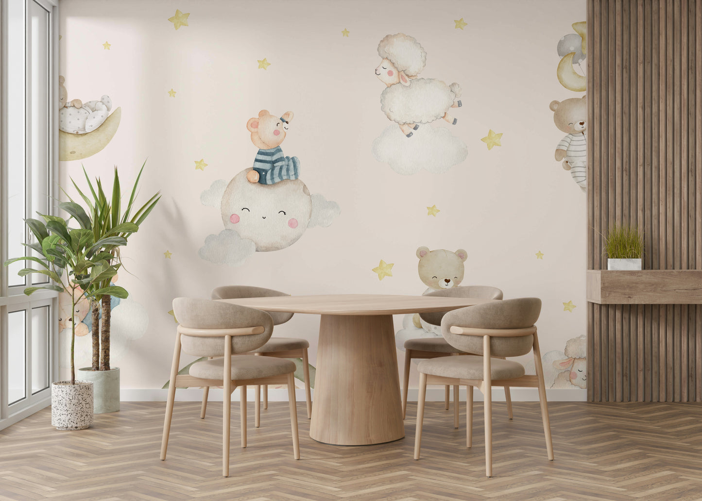 The colors are gentle and muted, with pale hues.

