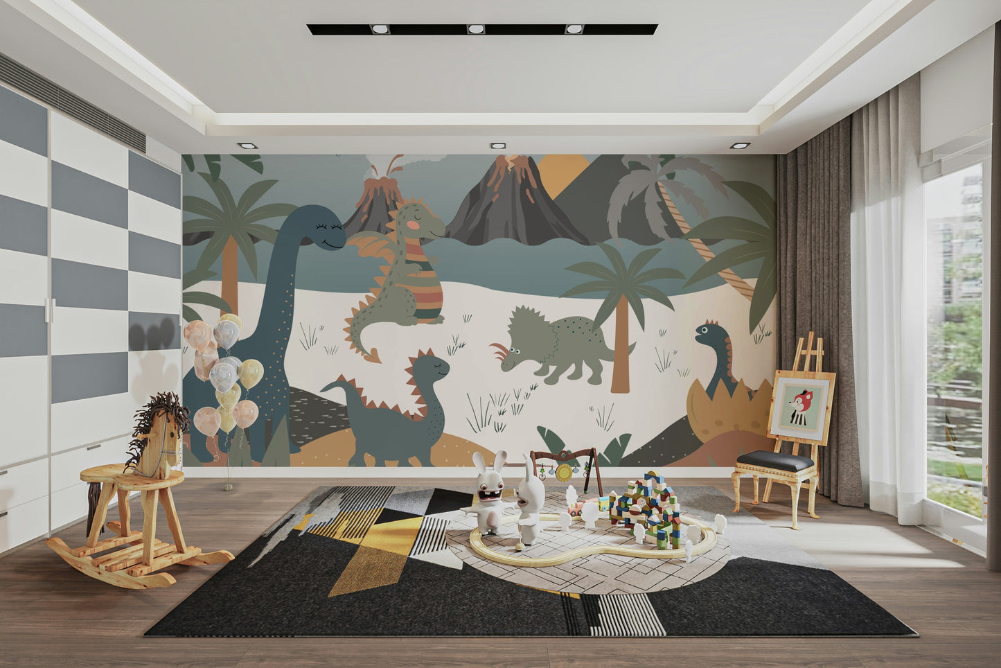 The design features friendly dinosaurs in a prehistoric jungle.

