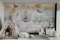 A peaceful wall mural with a whimsical underwater scene.

