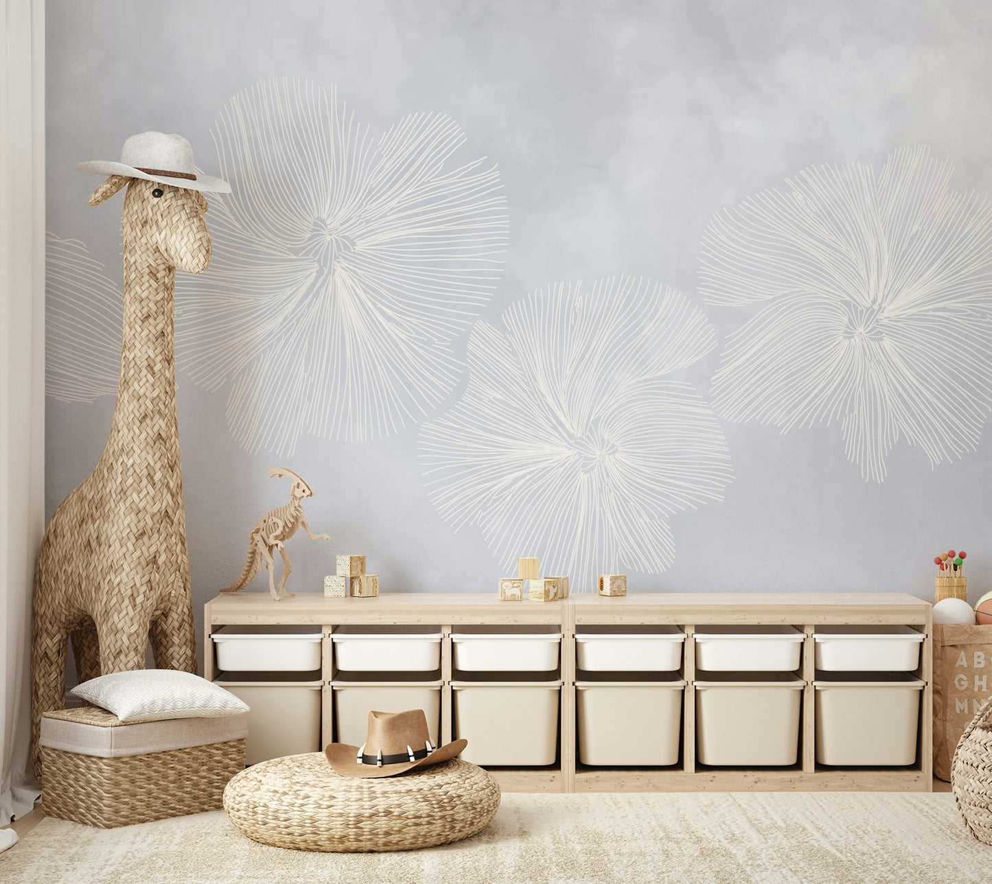 The design features delicate blooming flowers and scattered petals.

