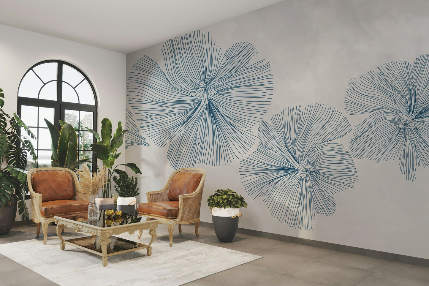 A peaceful wall mural with an elegant floral pattern.

