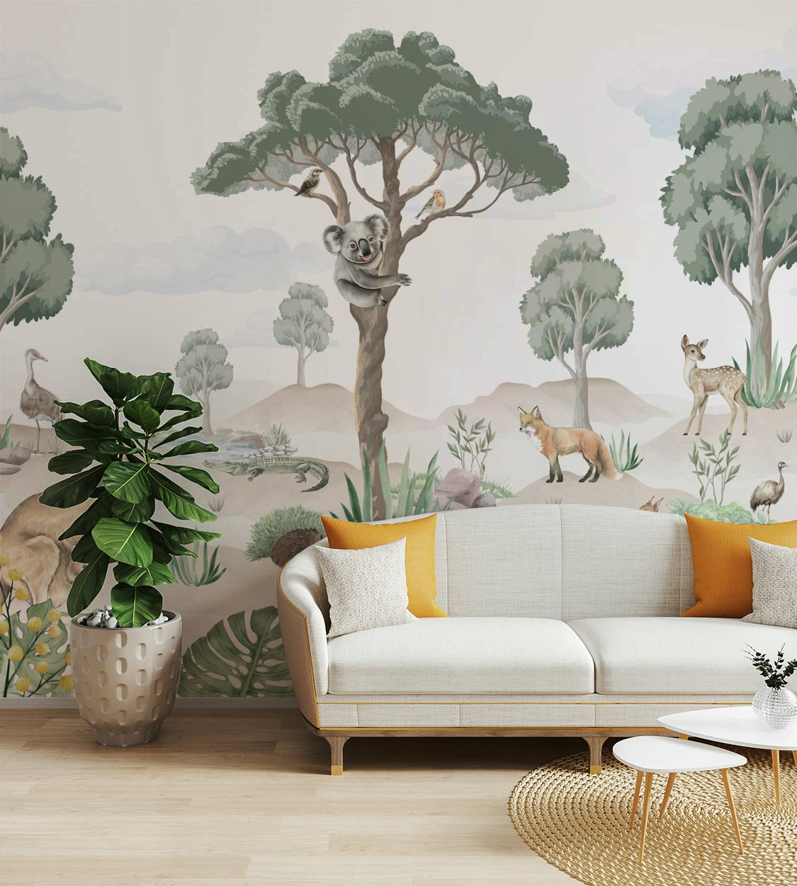 The colors are soft and gentle, with pale greens, browns, and muted tones.

