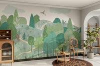 The design features various types of green foliage and trees.

